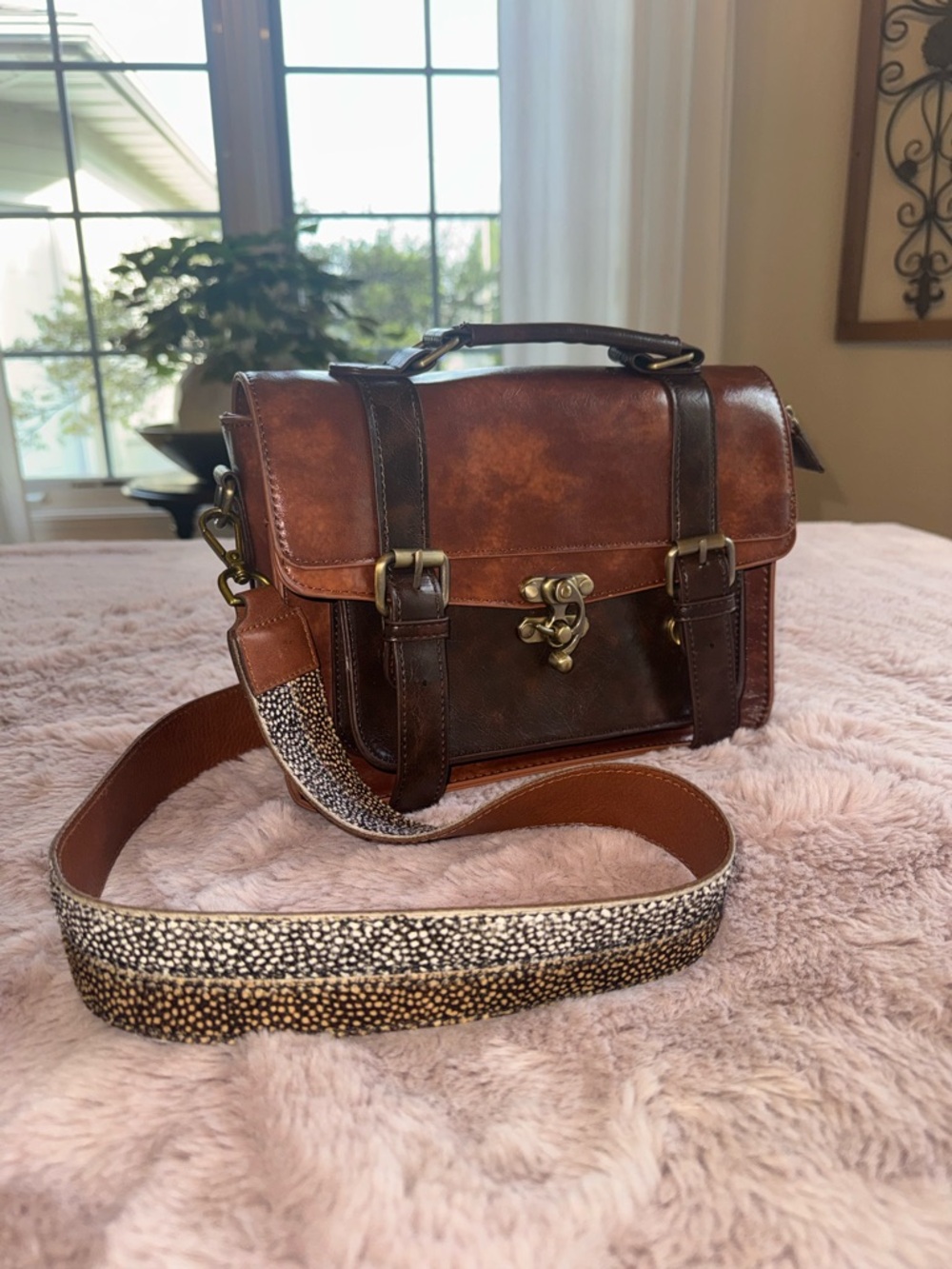 ECOSUSI Brown Leather Messenger Bag with JCrew Calf Hair Strap